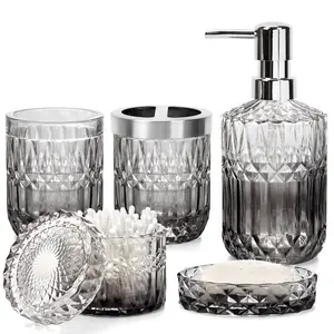 5 Pack Glass Bathroom Accessory Complete Set,Modern Bathroom Decor, Bathroom Glass Accessories Set,Lotion Soap Dispenser, Soap Dish, Toothbrush Holder, Tumbler, Cotton Swab Jar
