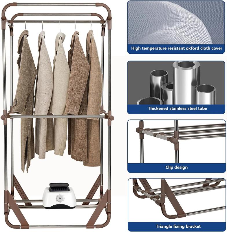 Uten Clothes Dryer Portable, 1500W Power Electric Clothes Hooded Dryer Machine with Timer, 2-Tier Laundry Drying Wardrobe, Foldable Clothes Drying Rack and Dryer for Travel, Apartments, RV, Home - Blue