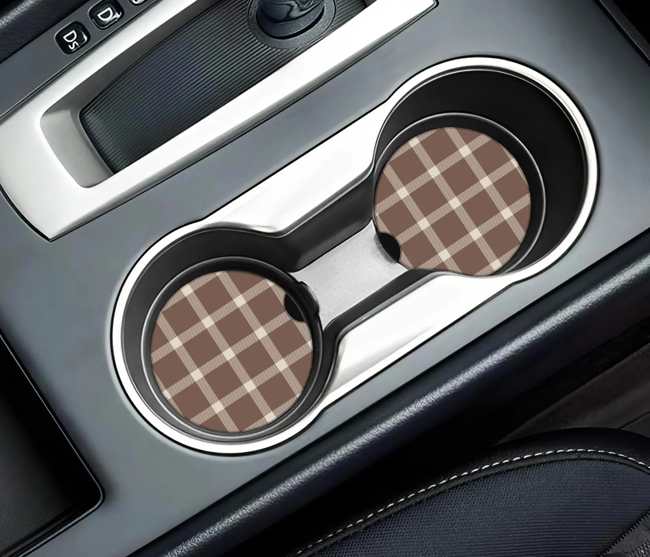 Mocha Gingham Car Coaster Set Brown Car Accessories Neutral Car Coasters Minimalist Car Decor