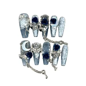 Gothic Blue Long Coffin Press On Nails With Chain, Rose, Moon And Crystal Decorations, 10PCS Handmade Reusable Acrylic Fake Nails For Luxe Edgy Style