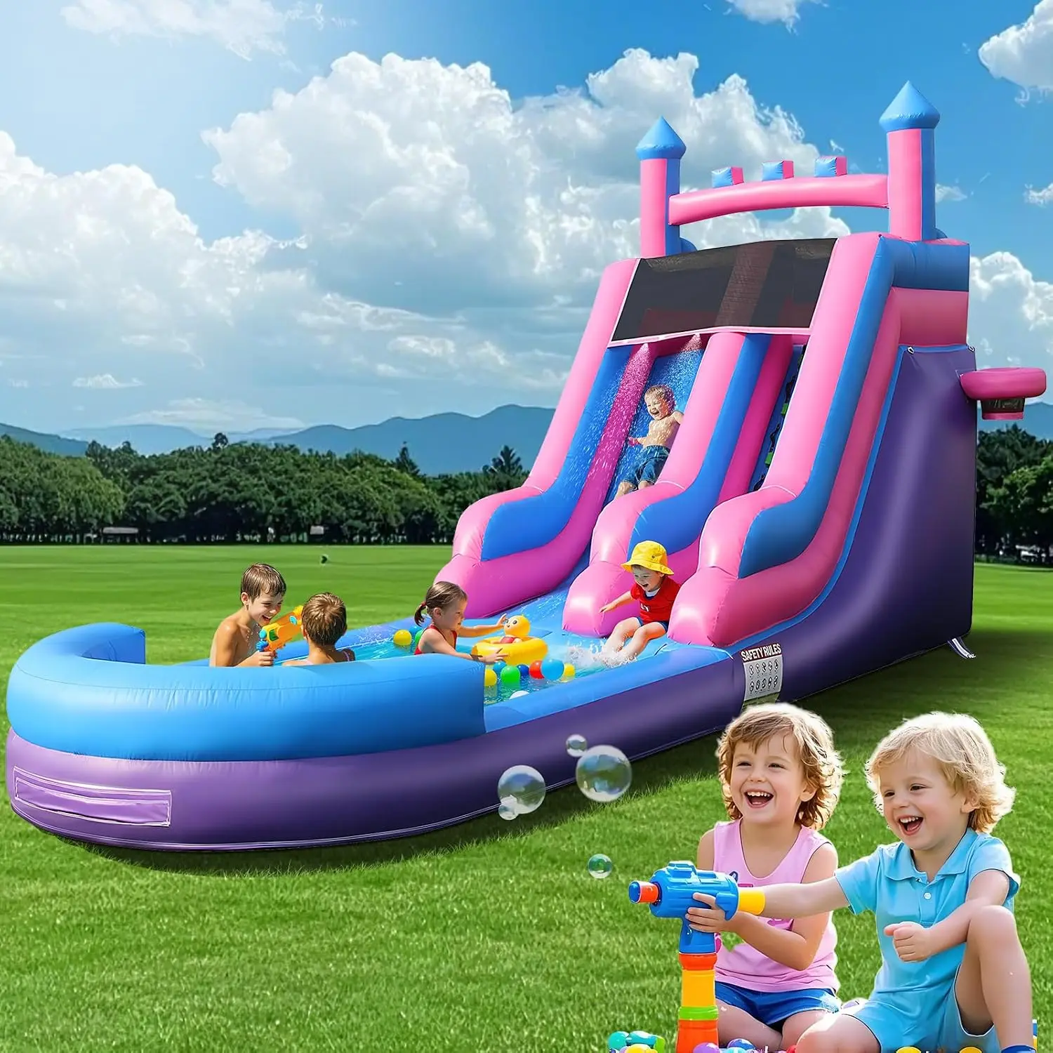 HJGKSGInflatable Water Slide for Adults, 26FT 100% PVC Waterslide with Big Splash Pool, Widen Slide with Shallow Pool, 950W Air Blower, Ideal for Backyard, Park (26FT - Purple)
