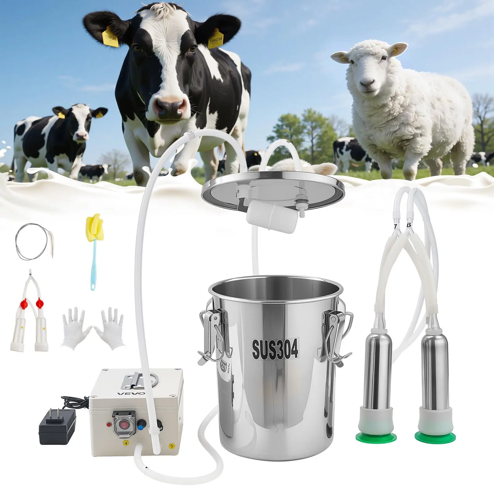 【Fallpicks】VEVOR Cordless Electric Pulsating Milker, 1.8 Gal/7L Food-Grade Stainless Steel Bucket, 4 Teat Cups for Cows & Goats, 8000 mAh Rechargeable Battery, 35-45kpa Adjust Portable Milking Machine