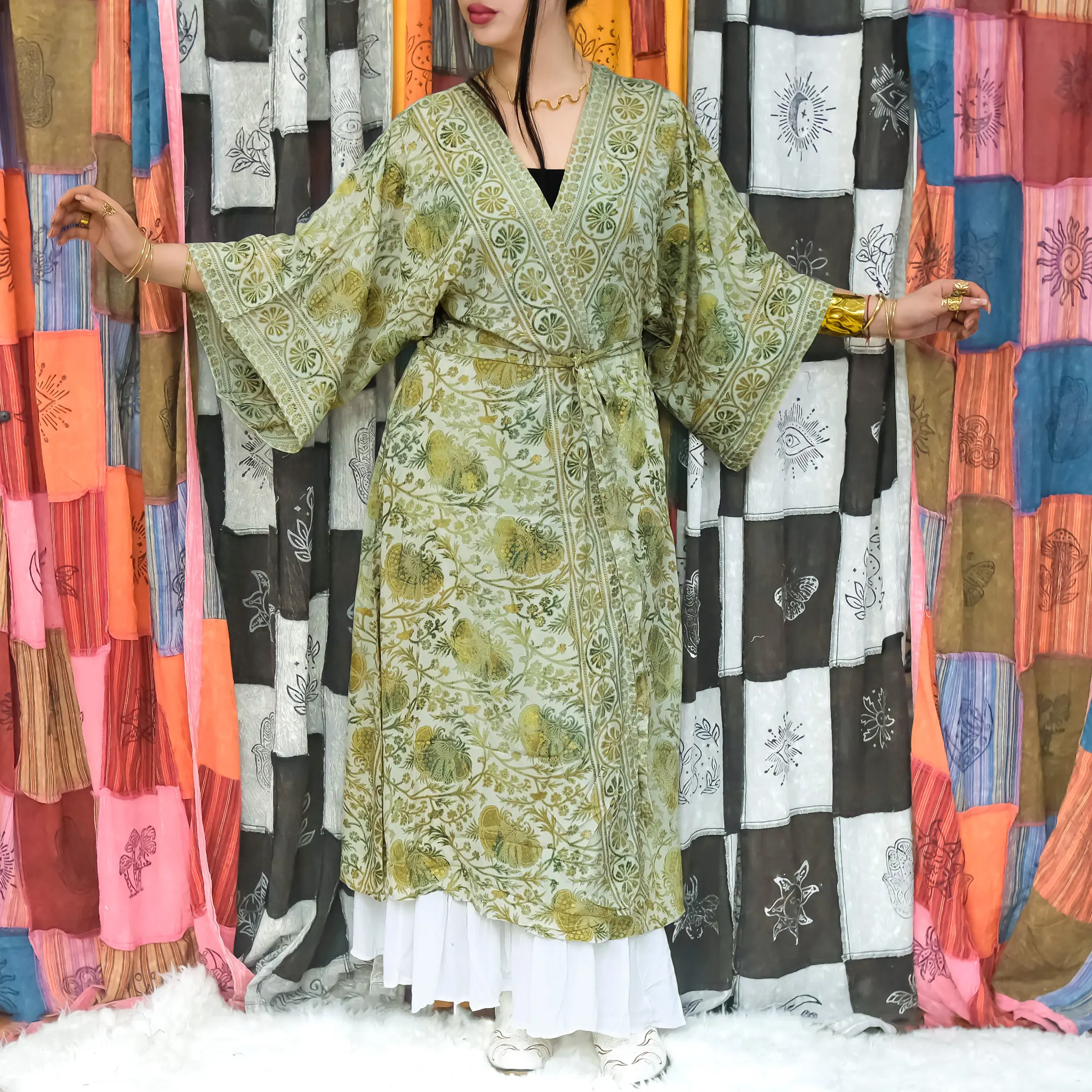 Bohemian Long Kimono , Long Flowy  Robes for Women, Printed Paisley Kimono Duster with Pockets,  Bridesmaid  Robe, Gift For Her