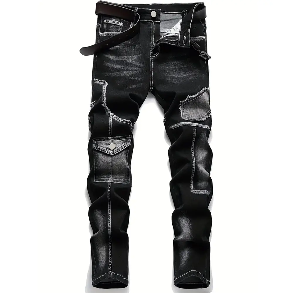 Heavy wash gradient patchwork utility straight-fit jeans — grunge skate bottoms