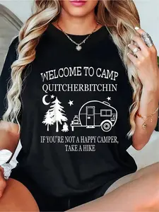 Welcome To Camp Quitcherbitchin Funny Camping women's shirts T-Shirt Casual Short Sleeve Shirt vintage graphic tees