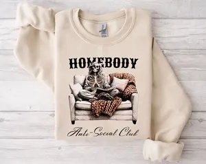 Skeleton Homebody Sweatshirt – Anti-Social Club Cozy Couch Scene Crewneck, Funny Introvert Pullover, Spooky Season Sweater, Lazy Day Fall Gift, Unisex Trendy Halloween Top