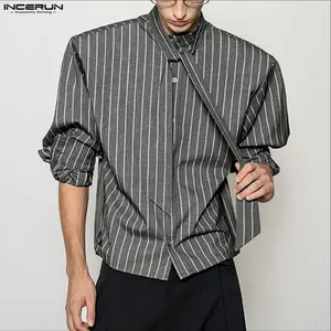 INCERUN Men's/Unisex Trendy Chic Stripe Tie-Front Stand Collar Shirt | Faux Cape Design Blouse | Trendy Street, Art Exhibition, Casual Daily