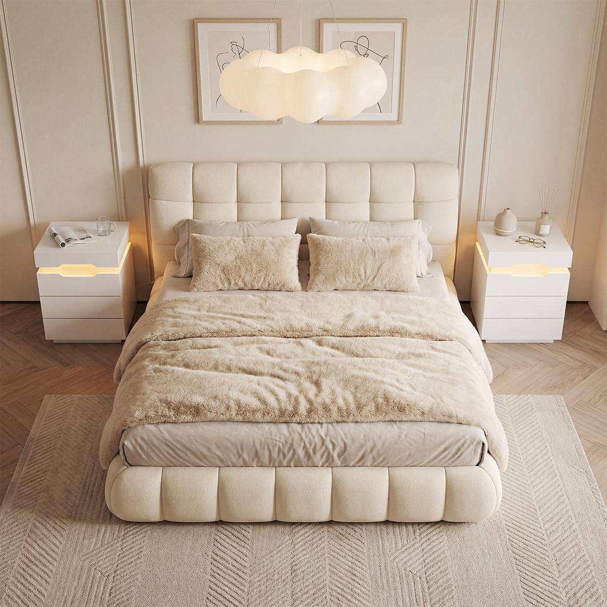 FURMAX Nightstand with LED Light and Charging Station, Endtable with 3 Drawers, Bedside Table with Large Capacity, for Bedroom