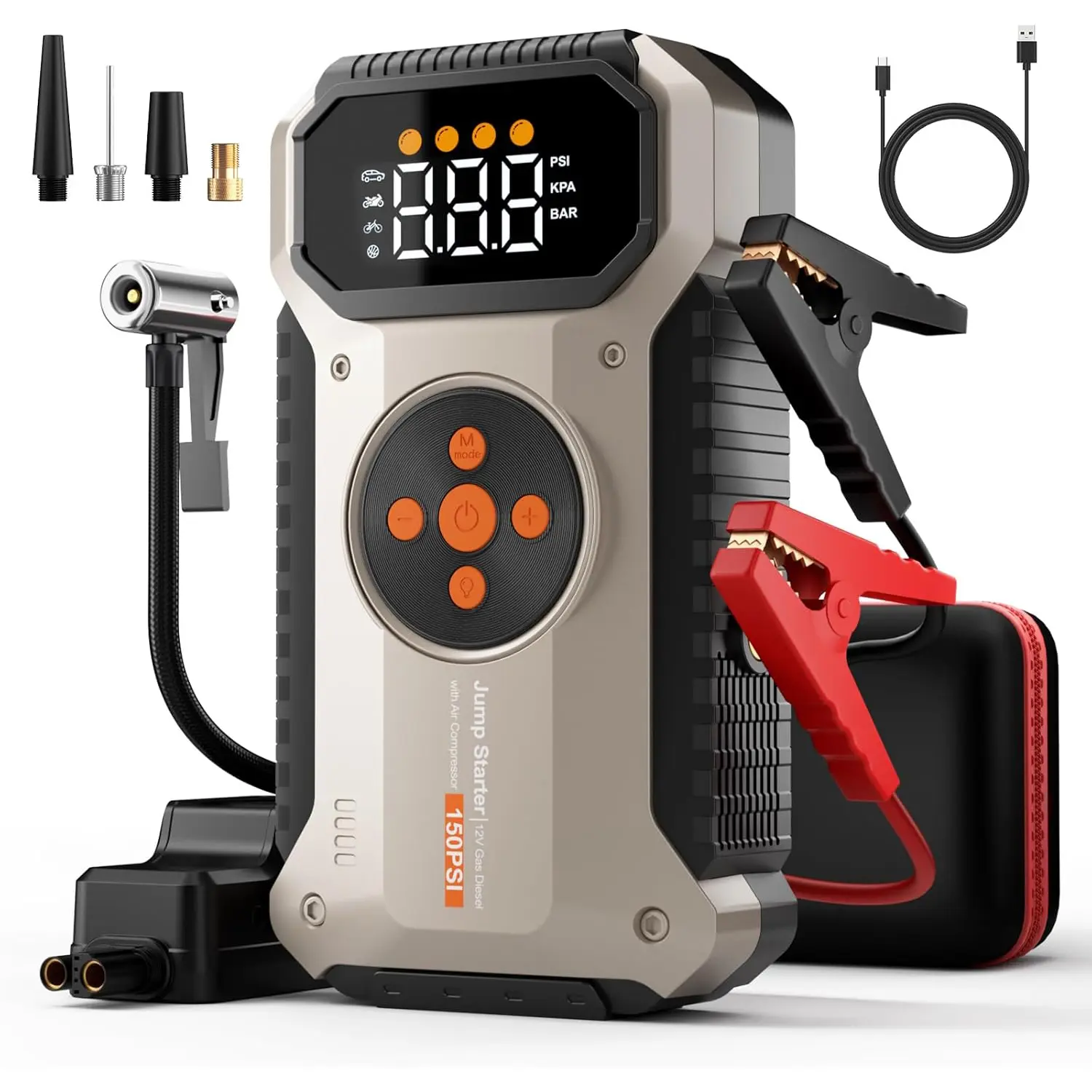 Geeneu Portable 7000A Car Jump Starter with 150PSI Air Compressor, 9.0 Gas/10.0L Diesel Battery Pack, Tire Pressure Monitor & Power Bank for Emergency Vehicle Essentials Auto