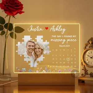 Custom Couple Photo Puzzle Heart Night Light Plaque Unique Boyfriend Gifts Missing Piece Personalized Valentine Gifts for Her Him Custom Name Zigzag Calendar Plaque Anniversary Gift Long Distance Relationship Gift Romantic Bedroom Decor