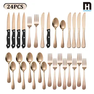 24PCS Modern Flatware Set, Stainless Steel Silverware Set with Steak Knife For 4, Rose Gold Cutlery Set, Mirror Polished, Ideal for Home, Kitchen, Celebrations Tableware