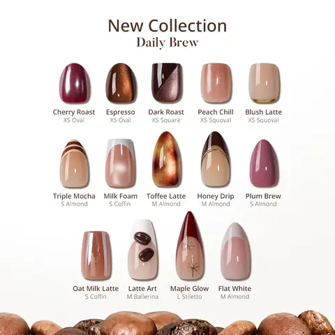 BTArtbox Autumn Press On Nails Short Almond - Daily Brew, Salon Quality & Soft Gel Natural Fit, Medium Square Squoval Press On Nails with Glue and Adhesive 32Pcs Full Kit, Holiday Party Coffin French Nails, Brown Fall Style
