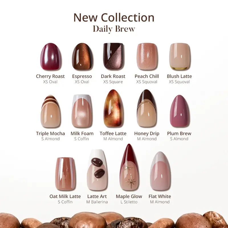 BTArtbox Autumn Press On Nails Short Almond - Daily Brew, Salon Quality & Soft Gel Natural Fit, Medium Square Squoval Press On Nails with Glue and Adhesive 32Pcs Full Kit, Holiday Party Coffin French Nails, Brown Fall Style