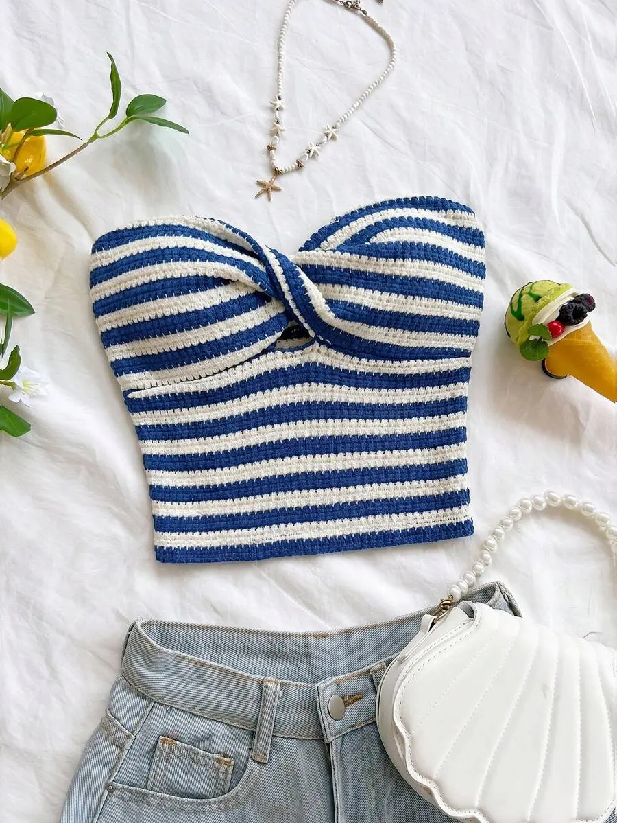 Women's Striped Twist Design Fashion Bandeau Top,Summer Top No Chest Padding