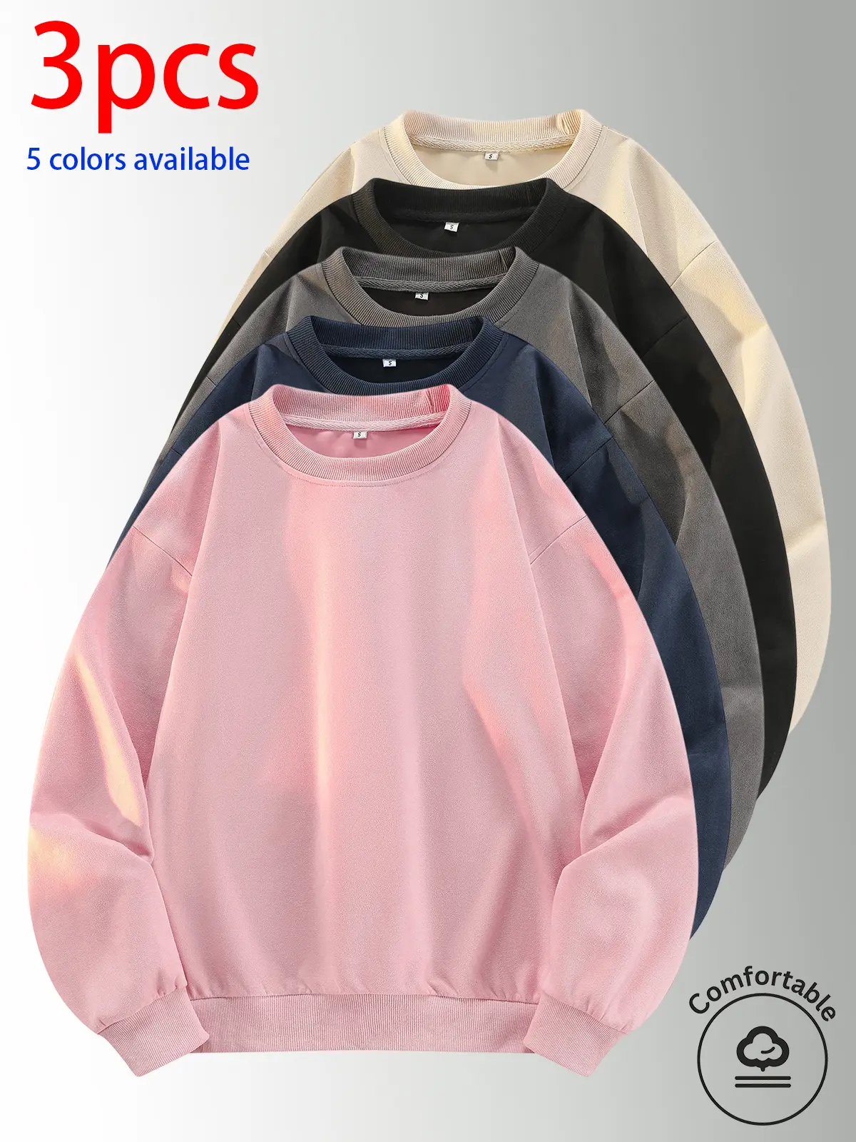 3-pack: men’s crewneck sweatshirt, men’s pullover sweatshirt.Loose, comfortable fit, no print design—simple and versatile for home, everyday casual wear, campus, and commuting to work.