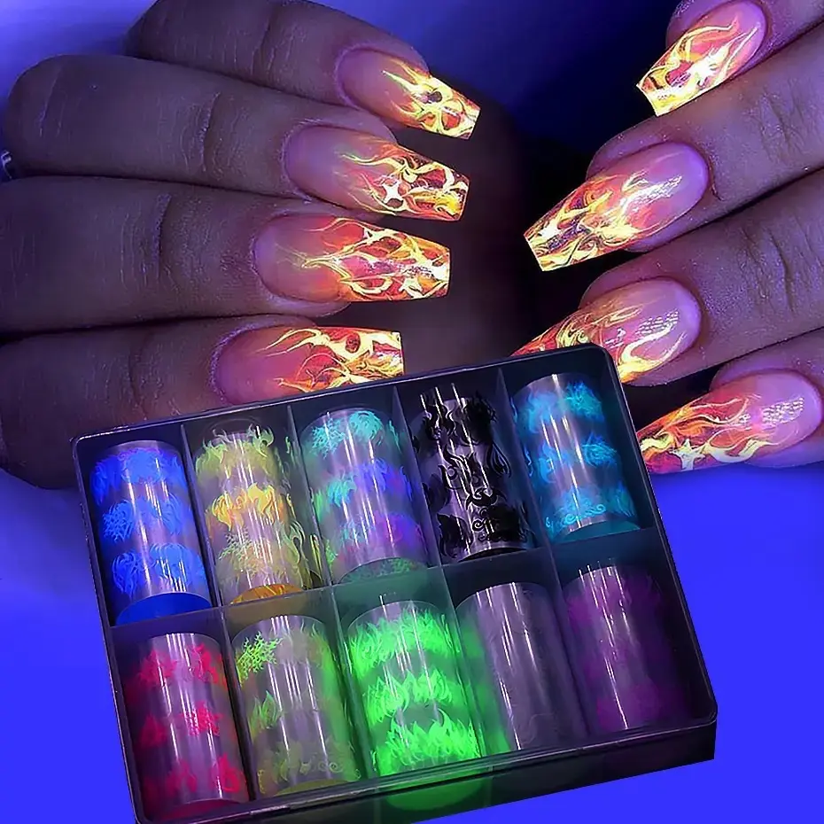10pcs Luminous Flame Nail Art Foils Transfer Stickers Fire Starry Papers Glow in The Dark Sliders Manicure Decorations Nail Care Nail Polish Cutics Polish Cosmetic Color Pack
