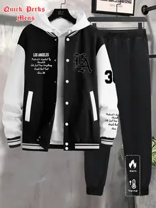 Men's Baseball Jacket + Sweatpants Set, New York Pattern Design, Casual Fitted Long Sleeve, Fall & Winter, Above the Ankle