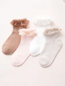 4 Pairs Girls' Ruffled Lace Trim Socks, Eyelet Ruffle Dress Socks, Elegant Footwear, Perfect for Special Occasions