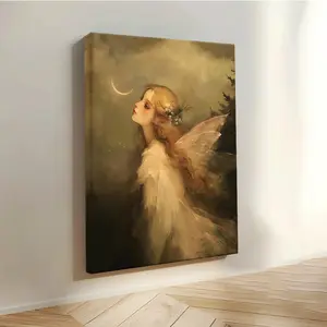 Fairy and Crescent Moon Wall Decoration - (30x 40cm ) Wooden Frame Canvas, Soft Tone Decoration, Fairy Tale Room Decoration Painting, Easy to Hang Angel Image, Suitable for Bedroom or Birthday Gift, 2D Flat, Perfect for Room Decoration
