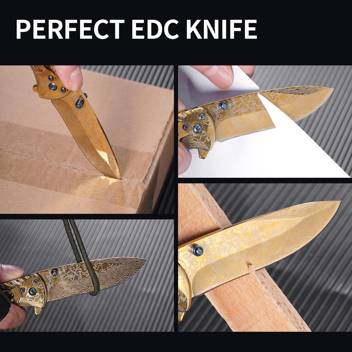 Outdoor Damascus Pattern Folding Pocket Knife,Damascus Pattern Folding Pocket Knife, EDC Outdoor Tool for Camping Hiking