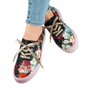 Hot Chocolate Design Charlotte Casual Sneaker - Printed Fabric & PU Upper Soft Inner Sole with Arch Support Removable Sole Lace Up Design