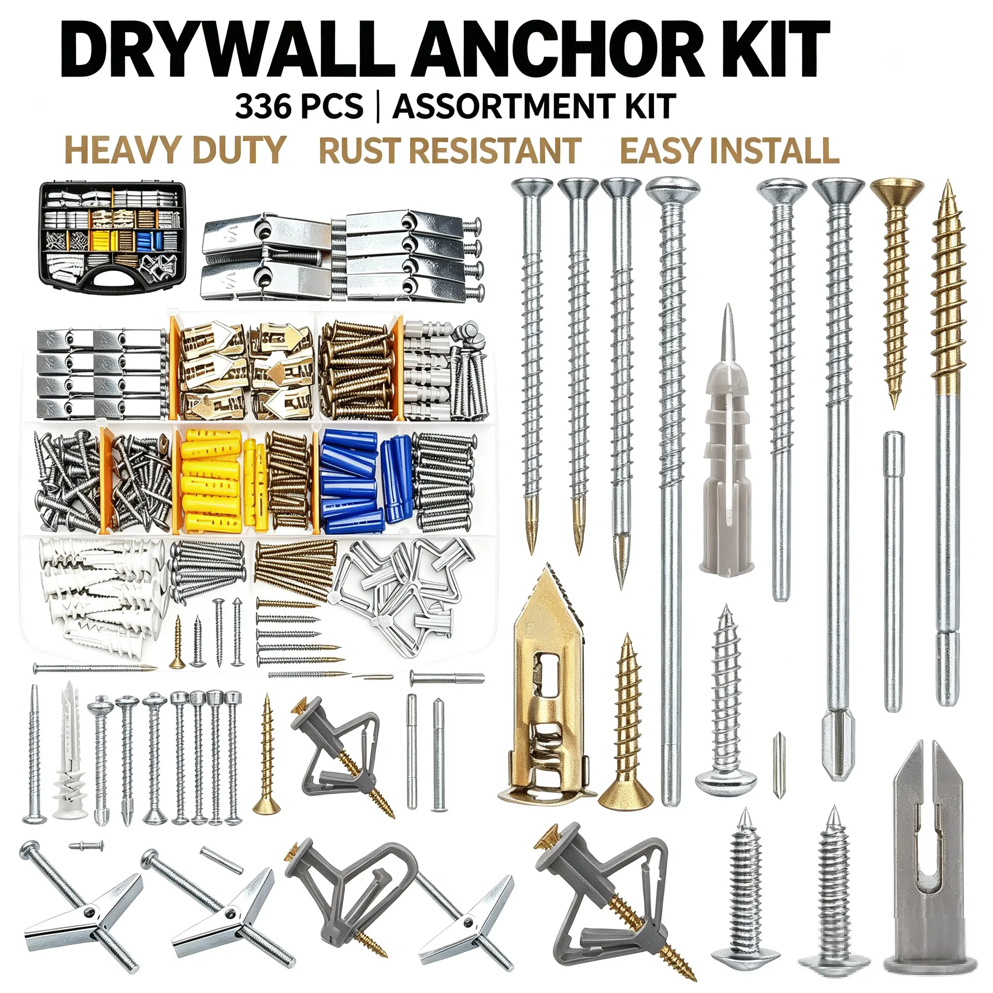VKKM 336Pcs Flat Head Drywall Anchors & Screws Assortment Kit - 11 Sizes Plastic & Metal Wall Plugs Heavy Duty Fasteners, Easy Install Multi-Surface No Pre-Drilling Set with Storage Box for DIY & Home Hanging Projects