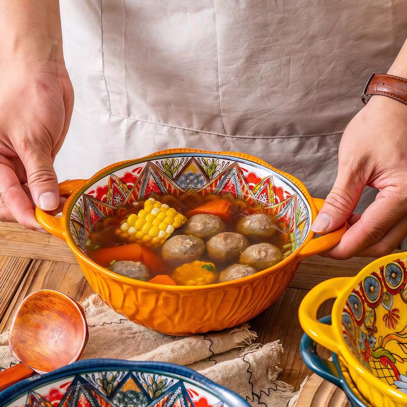 4 Piece Boho Ceramic Serving Bowls with Handles, 22 Oz Porcelain Salad Bowls, Large Serving Dishes for Entertaining, Mixing Bowls for Stew, Pasta, Cereal, Cute French Onion Soup  Bowls Set