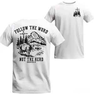 Faith 2026 Follow The Word Not The Herd T-shirt -With Cross Cow And Mountain Graphic For Church Or Outdoor Wear
