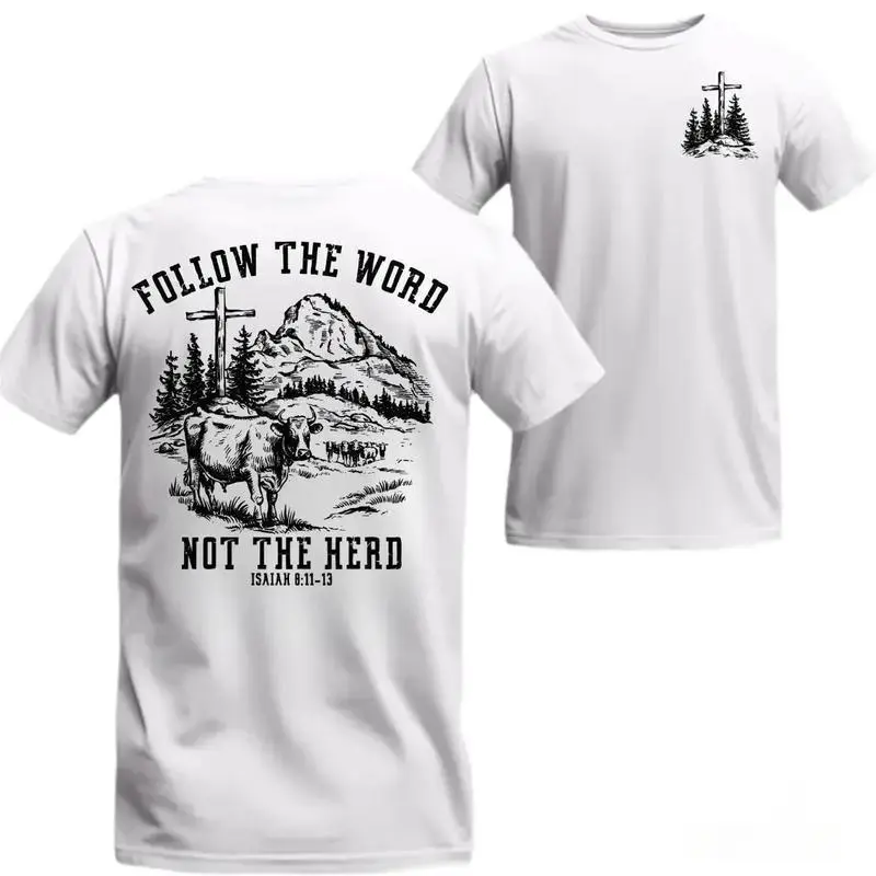 Faith 2026 Follow The Word Not The Herd T-shirt -With Cross Cow And Mountain Graphic For Church Or Outdoor Wear Evangelical Christian Message Unisex Menswear Tops shirts  women Casual Crewneck