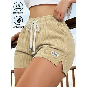 Women'S Elegant Casual Style Lightweight Breathable Corduroy Hot Pants, Women'S Summer Waist Drawstring Elastic Waist Design Shorts with Back Pockets, Suitable for Office Dates Outdoor Beach Casual Vacation Or Daily Casual Wear