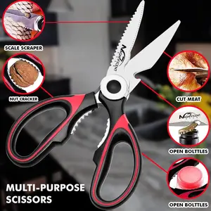 Latest Heavy Duty Sharp Kitchen Scissors with Safety Cover, Multi-Function Utility Kitchen Shears for Poultry Fish Meat Vegetables Bone BBQ Nuts (RED)