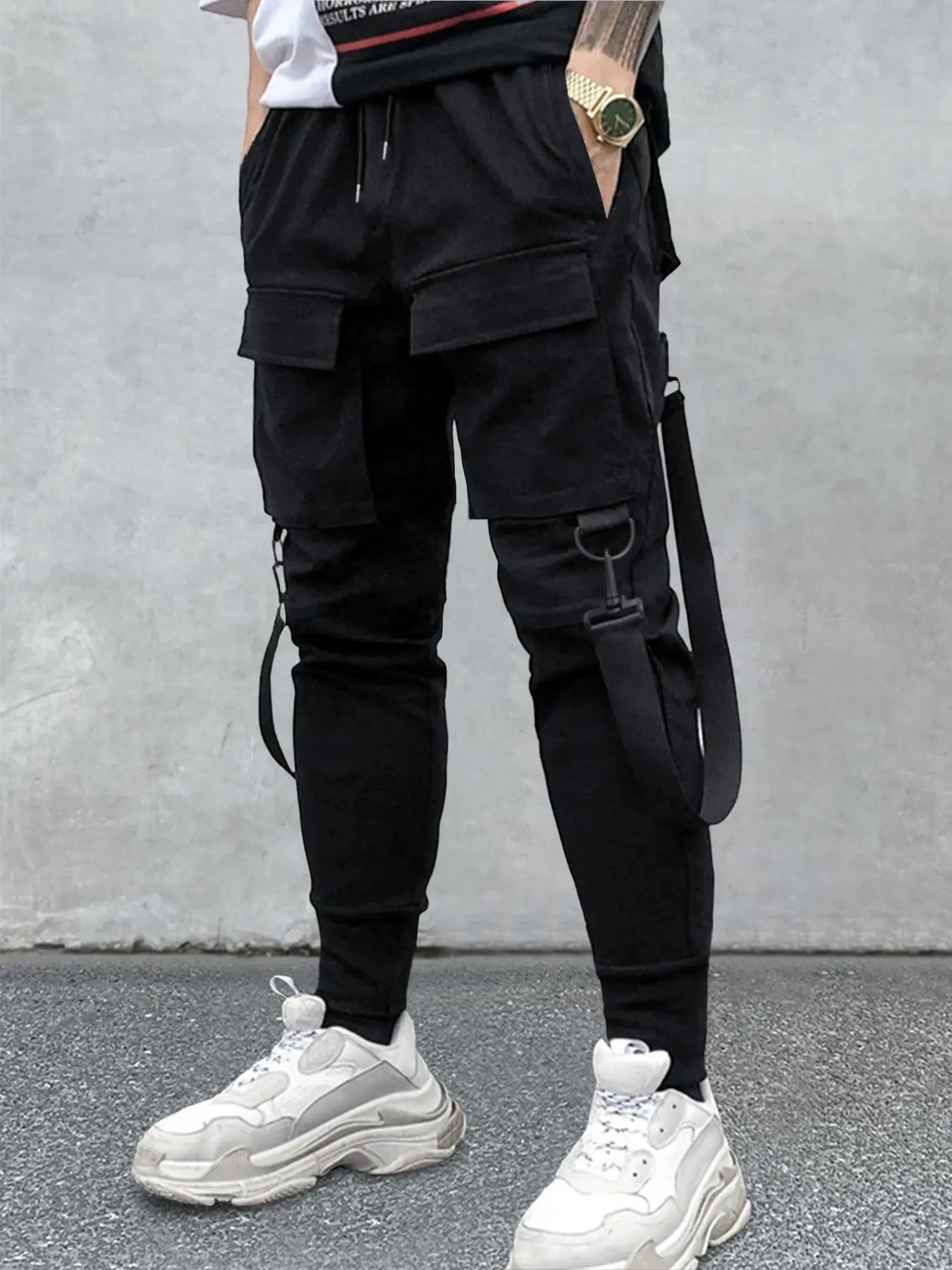 Men's Drawstring Elastic Waist Fitted Cargo Pants, Casual Streetwear Multi Pockets Jogger Pants, Buckle Tape Decor Utility Pants, Men's Trousers Botto
