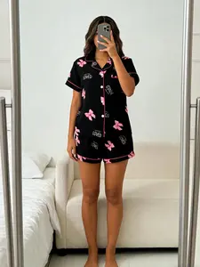 Women's Cartoon Print Pyjama Set, Fitted Short Sleeve Top & Shorts Sleepwear, Casual Home Wear, Perfect for Parties & Outdoors