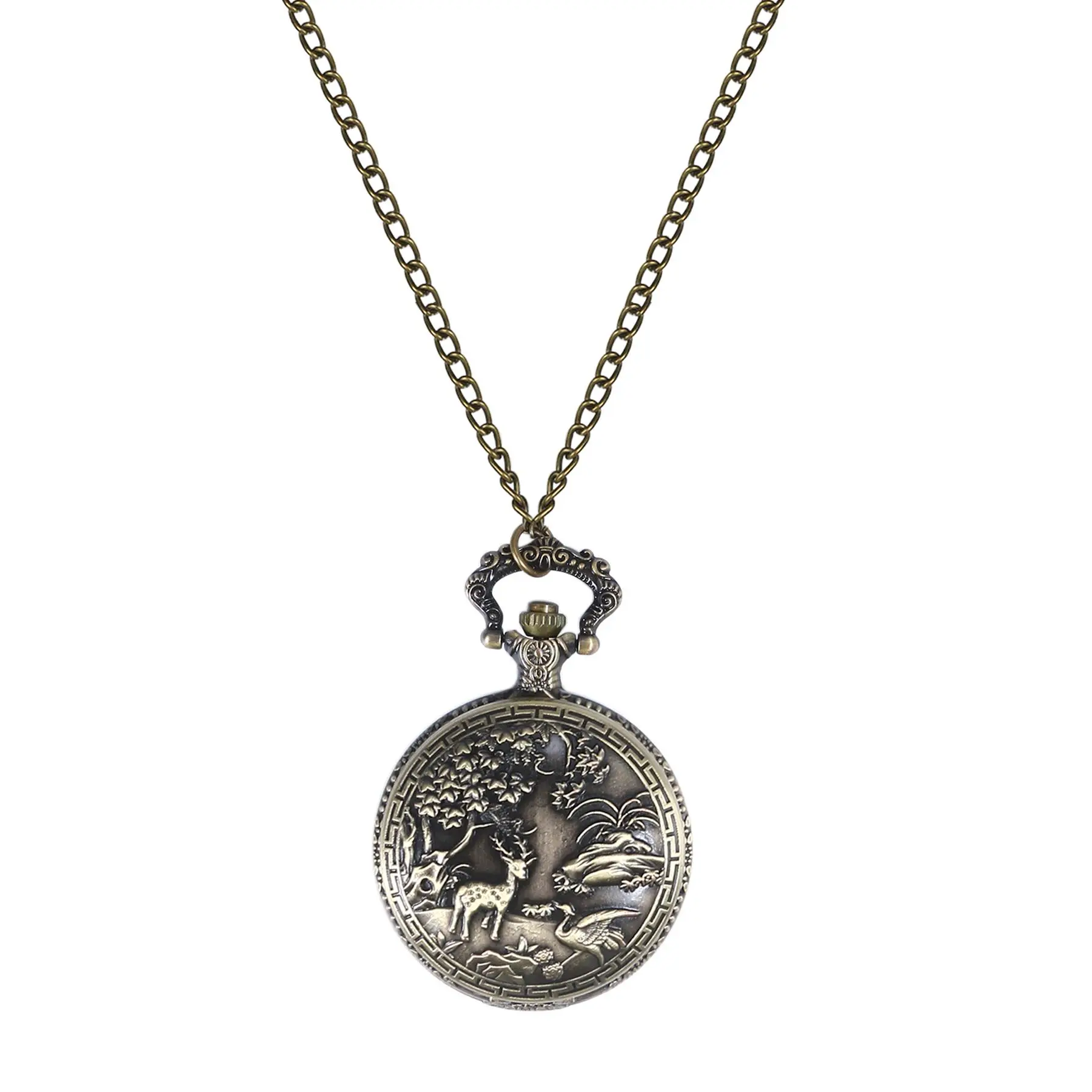 OIDEA Antique Bronze Openwork Pocket Watch, Hollow Deer Scene Alloy Necklace for Unisex Wear, Fob Watch with Velvet Pouch, Splash Resistant, Everyday Wear, Hollow Openwork Deer, 1.64 Oz, Nature Lovers, Heirloom Vintage-Inspired Pocket & Fob Watches