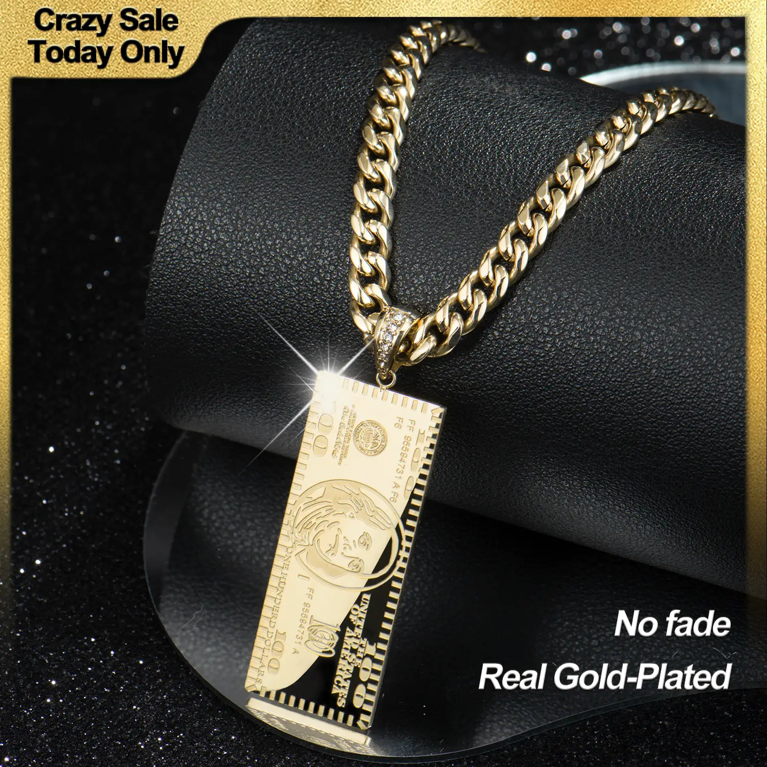 Holylegend 14K Real Gold-Plated Dollar Pendant Necklace, Double-Sided Mini Money Design with Iced Connector, 24" Cuban Chain, Hip Hop Jewelry Gift for