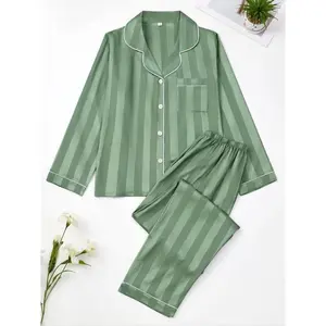 Women's Striped Satin Pajama Set, Soft Long Sleeve Button Front Shirt & Elastic Waist Pants, Comfortable Sleepwear, Homewear