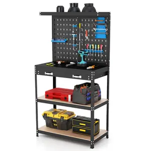 COSTWAY - Tool Storage Workbench with Pegboard with 14 Hanging Accessories for Garage-Black and Blue