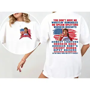 Women's Joe Dirt Merica 4th of July Casual Cotton Printed Round Neck Soft Streetwear T-Shirt - Smooth Polyester Yarn Fabric, "You Don’t Have Any Whistlin' Bungholes" Design