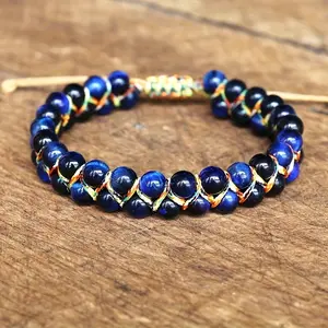 Bohemian style adjustable bracelet - natural cat's eye/tiger's eye beads, navy blue and gold accents, adjustable knot clasp, suitable for daily wear and vacation, women's accessory, July birthstone gift - uncoated natural stone bracelet, tiger's eye beads