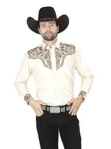 El General Men's Traditional Embroidered Western Charro Shirt Beige/Gold 43303