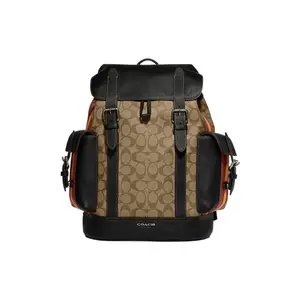 COACH Hudson 29 Backpack with Classic Monogram Print, Flip-Top Drawstring Closure, Canvas and Leather Construction, for Men in Brown and Black Casual Daypack