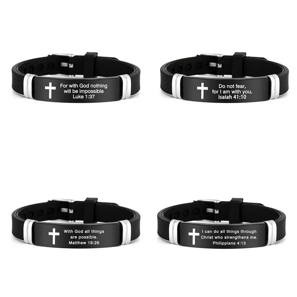 Inspirational Quote Bible Verse Cross Bracelets Faith Christian Silicone ID Wristband Religious Gifts for Men Women Stainless Steel Rubber Adjustable Bracelet