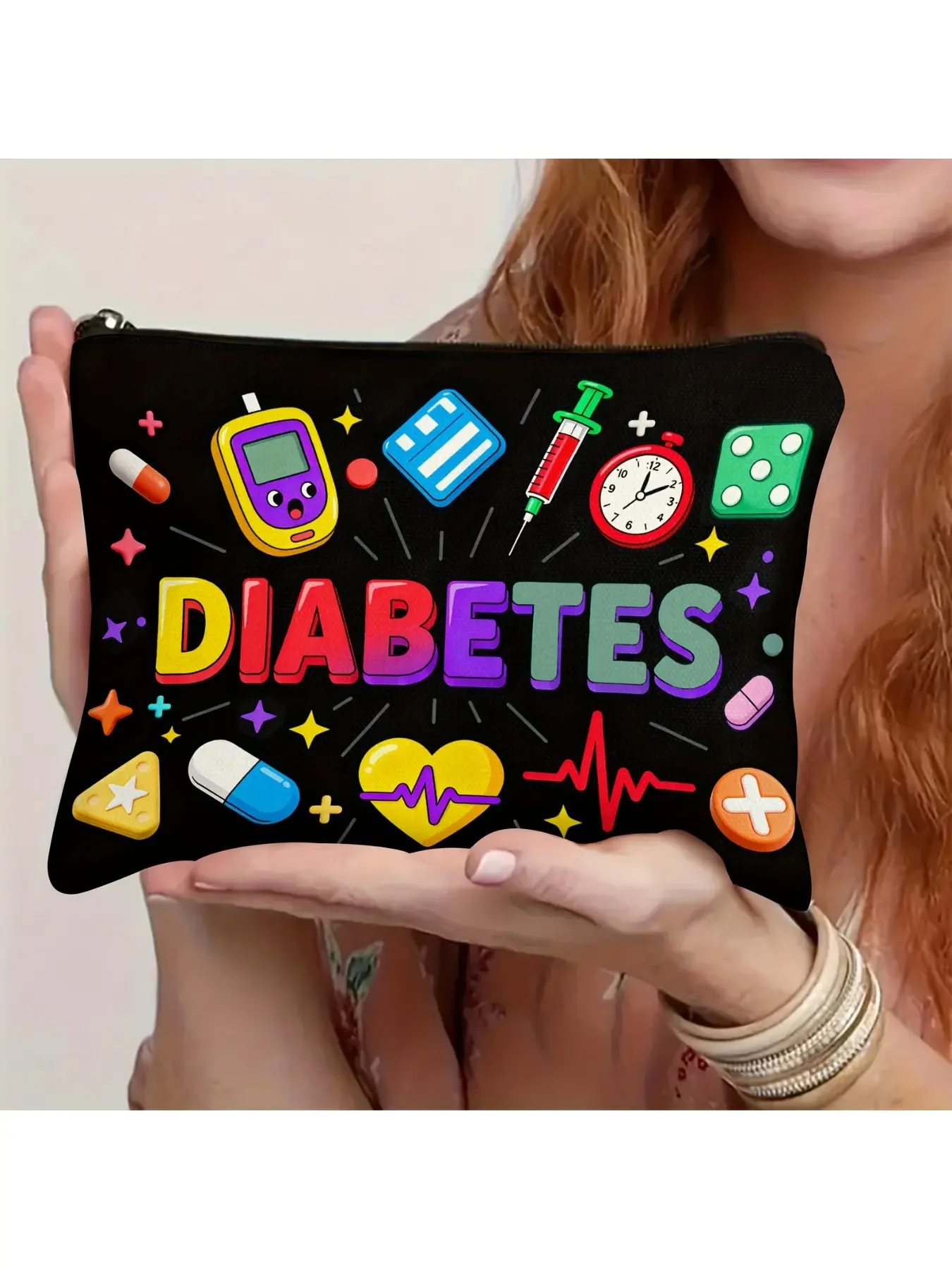 Diabetes - Blood Glucose Monitor Accessory Box - with Blood Glucose Meter, Insulin and Drug Icon - Portable Foldable Zipper Bag - Machine Washable - Medicine Bag - Cosmetic Bag - Travel Wash Bag - Cosmetic Storage Box - Suitable for Men and Women