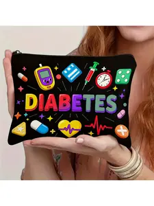 Diabetes - Blood Glucose Monitor Accessory Box - with Blood Glucose Meter, Insulin and Drug Icon - Portable Foldable Zipper Bag - Machine Washable - Medicine Bag - Cosmetic Bag - Travel Wash Bag - Cosmetic Storage Box - Suitable for Men and Women