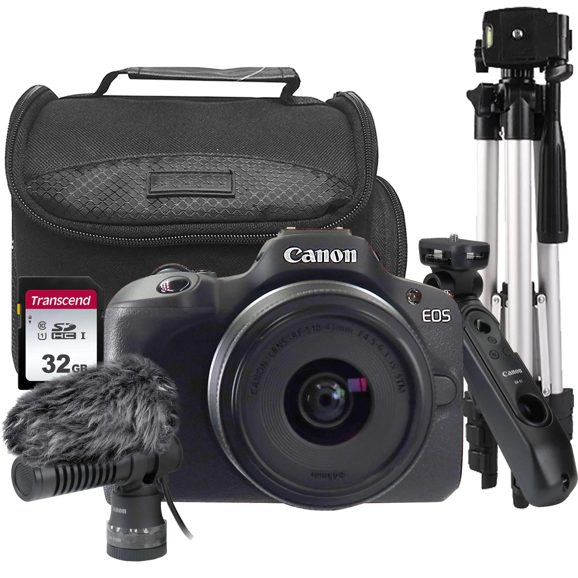 Canon EOS R100 Mirrorless Camera Black + Canon RF-S 18-45mm f/4.5-6.3 IS STM Lens + BePro BC-2 Case + Canon DM-E100 Stereo Microphone with Wind Screen + Canon Tripod Grip + Transcend 32GB SDXC/SDHC 300S Memory Card + Professional Tripod