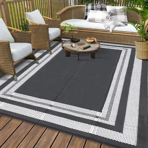 GARVEE 9x12 Outdoor Rug for Patios Waterproof Plastic Straw Rug Reversible Mat Modern Bordered Lightweight Carpet for Patio Porch RV Backyard Pool Deck Picnic Beach Trailer Camping Border-Grey/White