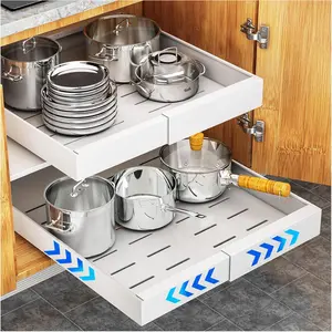 Pull Out Cabinet Organizer, 21" Deep Expandable(12.6''-20.5'') Pull Out Drawers for Cabinets, Slide Out Cabinet Organizers with Adhesive Nano Film for Kitchen Cabinet Organization (White)