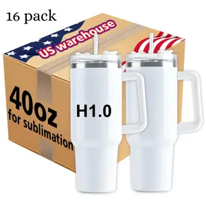 16pack USA WAREHOUSE 40oz Double Walled Stainless Steel Travel Mug H 1.0, Tumbler With Handle Wholesale Sublimation Blanks
