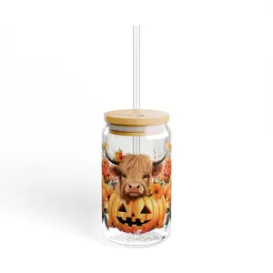 Fall Highland Cow Sipper Glass, 16oz