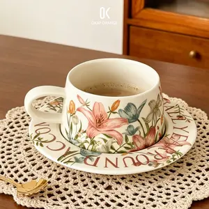 270ml/9oz Elegant Floral Ceramic Mug and Saucer Set, Retro Flower Coffee Cup with Decorative Plate, Home Cafe Aesthetic Drinking Glass, Housewarming & Birthday Gift